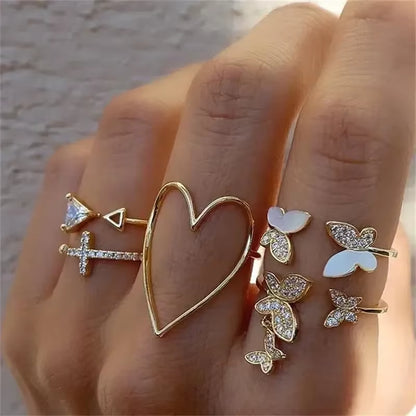 Crystal Rings Set Vintage Women Butterfly Pearl Geometric Hollow Ring Girls Anillos Jewelry Bague Adjustable Funk Jewellery