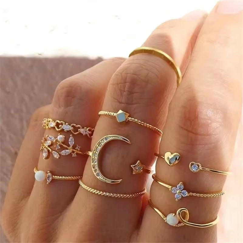 Crystal Rings Set Vintage Women Butterfly Pearl Geometric Hollow Ring Girls Anillos Jewelry Bague Adjustable Funk Jewellery