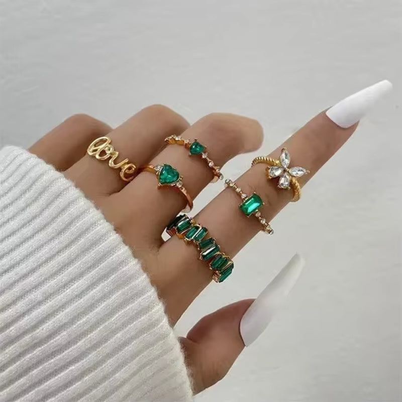 Crystal Rings Set Vintage Women Butterfly Pearl Geometric Hollow Ring Girls Anillos Jewelry Bague Adjustable Funk Jewellery